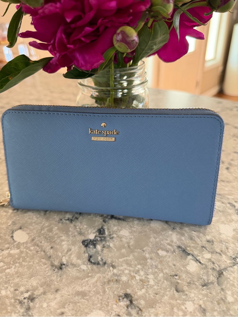 kate spade Light Blue Zip Wallet with Gold Logo